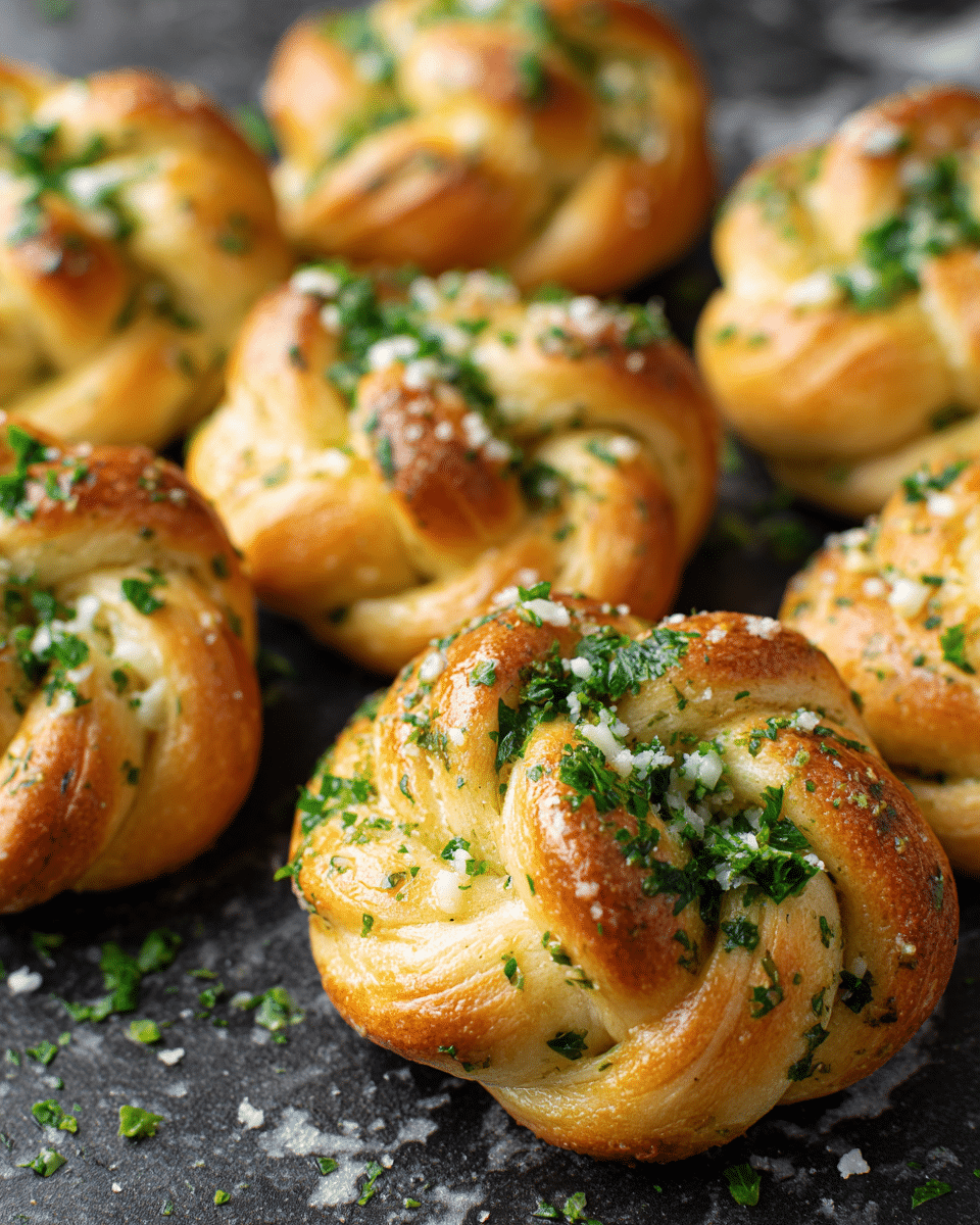 The image shows several small golden-brown rolls topped with bits of chopped green parsley and white garlic pieces scattered on their surface. The rolls have a smooth, shiny texture from being baked, with slight creases and folds giving them a soft look. They are placed on a dark background that contrasts with the warm color of the bread, making the herbs and garlic stand out clearly. photo taken with an iphone --ar 4:5 --v 7