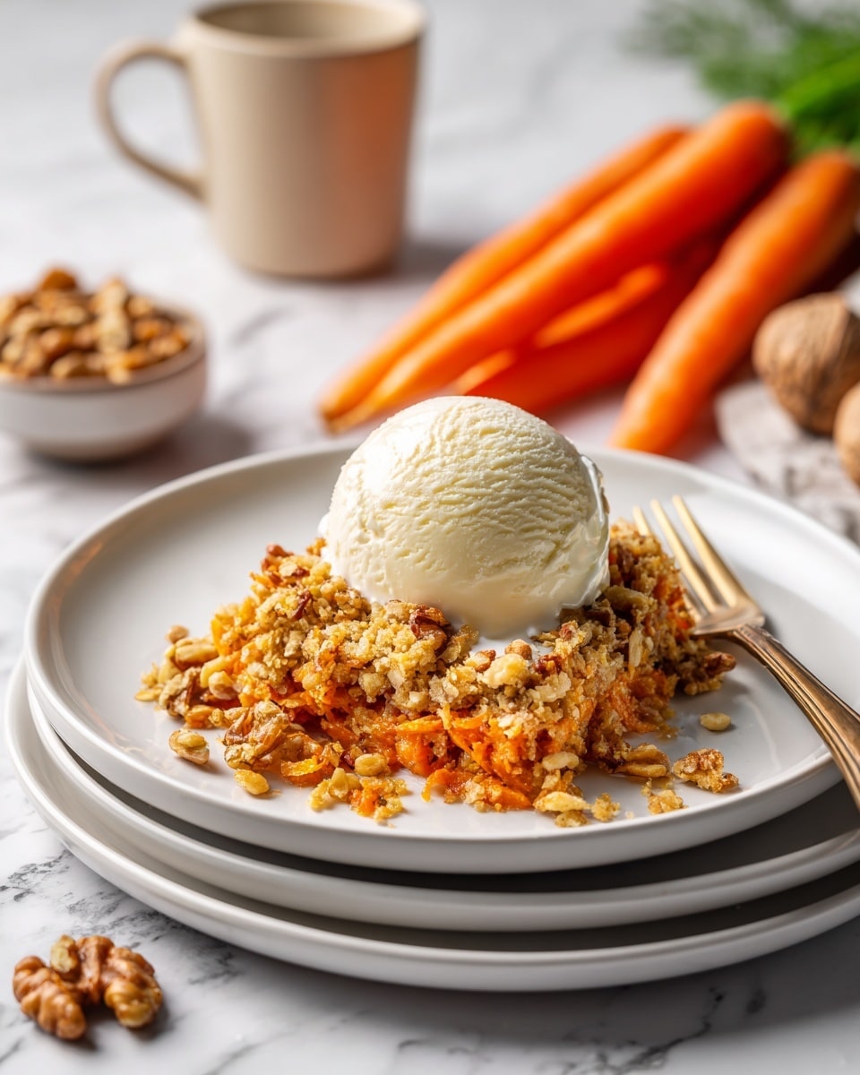 The image shows a white plate with a warm dessert that has two main layers. The bottom layer is a mix of finely shredded orange carrots, small white chunks of apple, and crumbly brown topping, giving a rough, textured look. On top of this layer is a large, smooth, round scoop of creamy vanilla ice cream. The plate is placed on another larger white plate, all set on a white marbled surface. In the background, there are whole carrots and a small white bowl of chopped nuts slightly blurred. Photo taken with an iphone --ar 4:5 --v 7