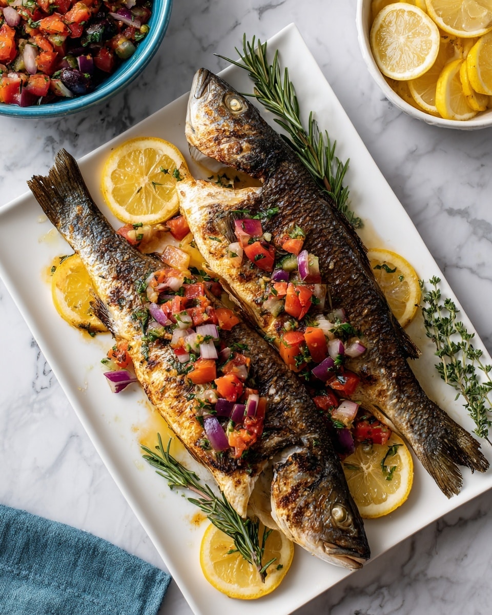 Two whole grilled fish lie side by side on a large white rectangular plate with lemon slices and green herbs underneath them. Each fish is topped with a colorful mix of diced tomatoes, red onion, chopped parsley, capers, and black olive pieces, creating a fresh, chunky salsa layer with red, purple, green, and black colors. The fish have a browned, lightly charred texture with visible scales and fins. To the left, a white marbled surface is visible with a partially seen bowl filled with a similar chunky tomato salad. In the top right corner, a small bowl contains bright yellow lemon wedges. Photo taken with an iphone --ar 4:5 --v 7