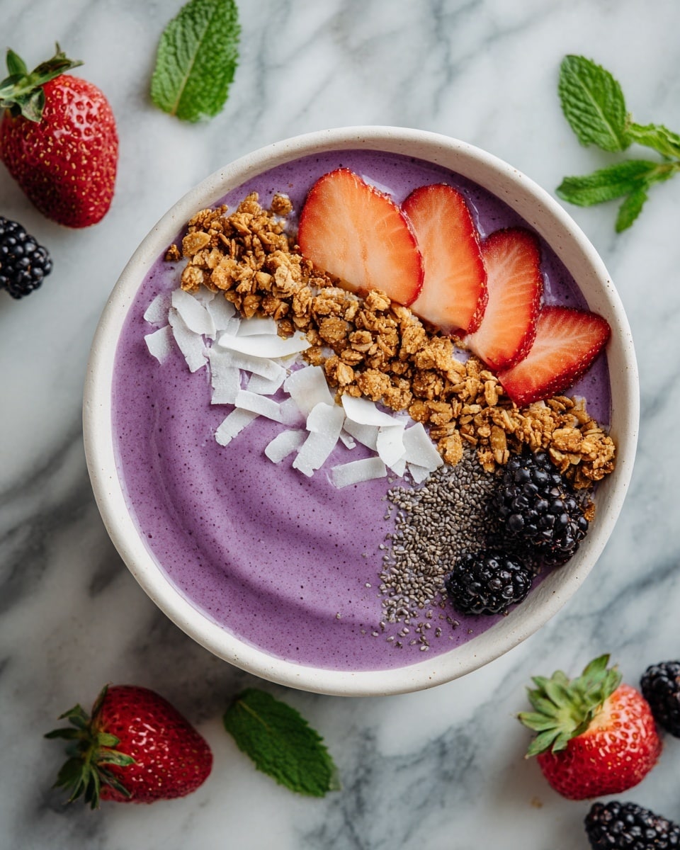 The image shows a white bowl filled with a thick, smooth, bright purple smoothie base. On top, from left to right, there are three slices of red strawberries with green leaves, a small bunch of blackberries with a green leaf, a neat stripe of small black chia seeds, a line of white shredded coconut, and a cluster of crunchy tan granola pieces. Fresh green mint leaves are placed on the top left side near the strawberry slices and next to the blackberries on the bottom right. The bowl is set on a white marbled surface with scattered whole blackberries, strawberries, green mint leaves, and some coconut shreds around. The photo is taken with an iphone --ar 4:5 --v 7