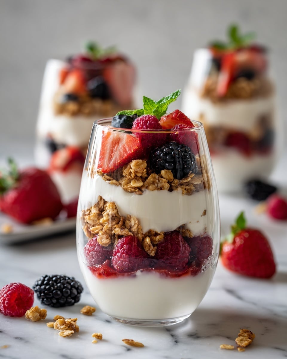 The image shows a clear glass filled with four layers: the bottom layer is white yogurt, followed by a layer of red raspberries mixed with blackberries, then a crunchy layer of light brown granola, topped again with white yogurt, and crowned with a mix of fresh strawberries, blackberries, raspberries, granola pieces, and a small green mint leaf. The glass is placed on a white marbled surface with some scattered strawberries and mint leaves nearby. In the blurred background, three more similar glasses are visible. The photo taken with an iphone --ar 4:5 --v 7