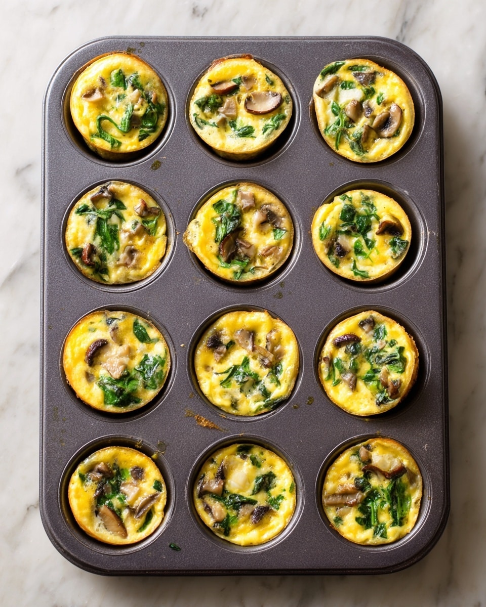 A grey baking tray filled with twelve mini egg muffins arranged in three rows, each muffin showing a light yellow egg base with visible green spinach pieces and small dark brown mushroom bits mixed throughout. The muffins have a slightly puffy and soft texture with a few browned edges and small cracks on the surface. The tray is placed on a white marbled surface. photo taken with an iphone --ar 4:5 --v 7