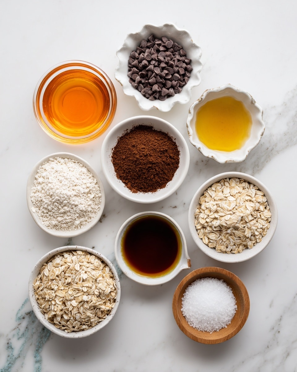 A top-down view of nine small white bowls arranged on a white marbled surface, each filled with different ingredients: a bright amber honey in a clear glass bowl at top left, dark brown mini chocolate chips in a white bowl with a scalloped edge at top right, a rich dark brown cocoa powder in a white bowl slightly below honey, light brown soft brown sugar in a white bowl below cocoa powder, medium beige rolled oats in a larger white bowl with a spout at bottom right, clear amber vanilla extract in a clear glass bowl below brown sugar, snowy white coconut oil in a clear glass bowl below vanilla, light brown ground flaxseed in a white bowl below oats labeled optional, and a small wooden bowl of fine white salt to the right of flaxseed photo taken with an iphone --ar 4:5 --v 7