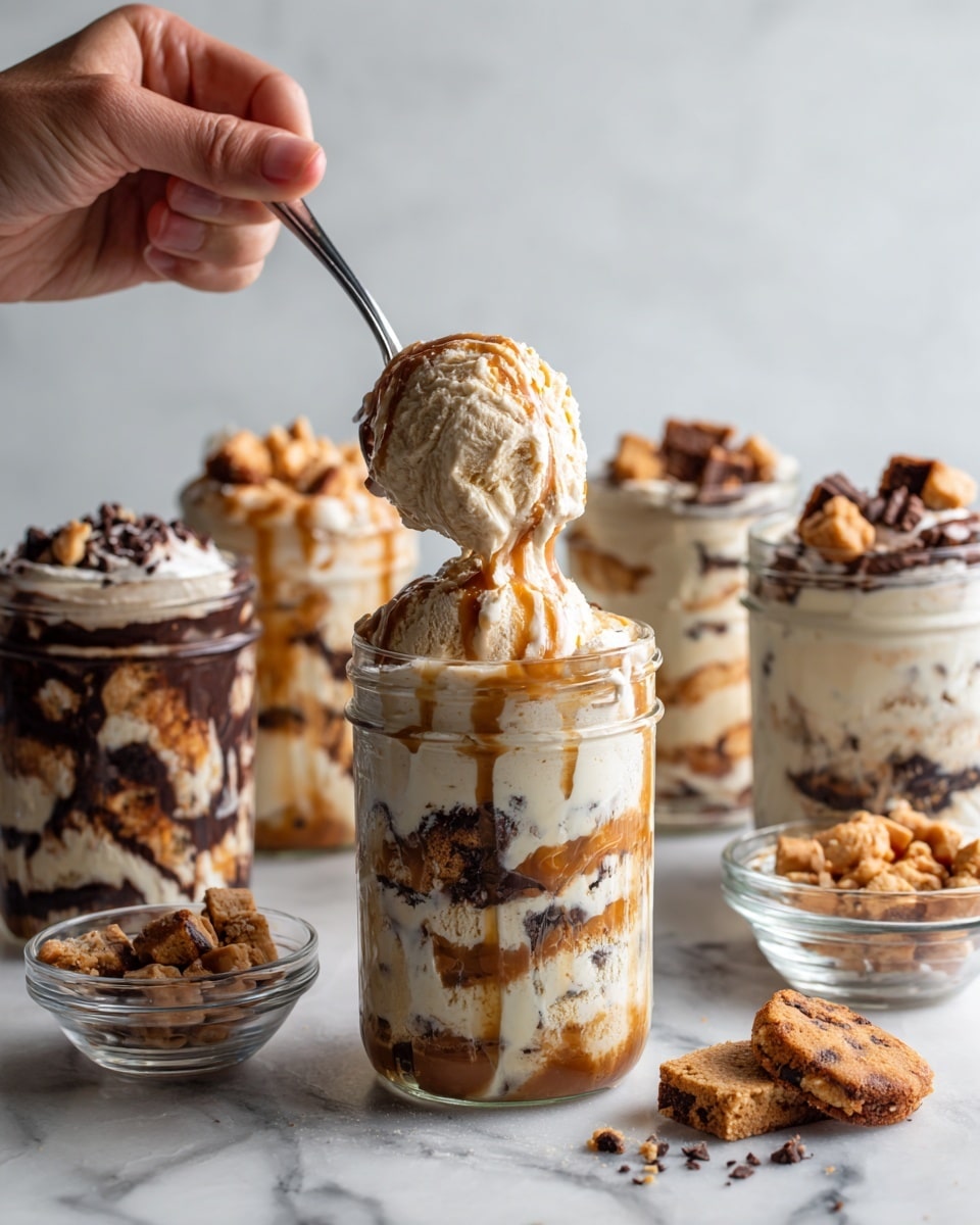 The image shows a clear glass jar filled with a layered dessert that has a bottom layer of smooth, light brown peanut butter, followed by a thick layer of creamy off-white mixture with scattered dark chocolate chips and cookie pieces. On top, there is a rough, chunky cream mixture with visible bits of dark chocolate and cookie. A silver spoon is scooping some of the creamy mixture from the jar. In the background, there is another tall jar filled with a swirled mix of dark brown chocolate and creamy off-white layers. Surrounding the jars are small clear bowls with cookie crumbs and chocolate chips, all placed on a white marbled surface with a light blue textured backdrop. Photo taken with an iphone --ar 4:5 --v 7