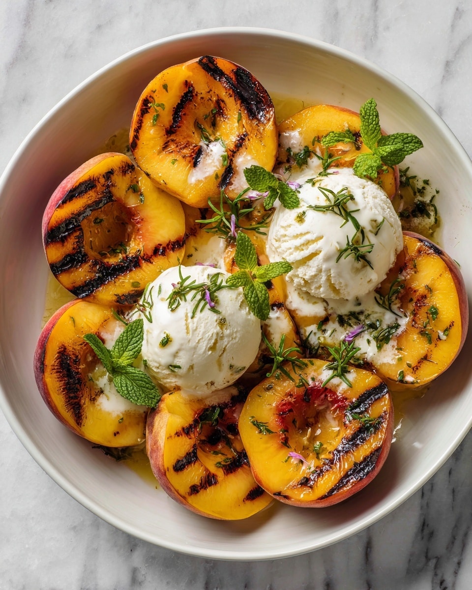 The image shows a black round pan filled with eight halves of grilled peaches arranged in a circle and overlapping slightly. The peaches have dark, uneven grill marks and a bright yellow-orange color that looks juicy and soft. On top of several peach halves are scoops of white ice cream melting slowly, creating creamy white patches blending with the peach texture. Fresh green mint leaves and small sprigs are scattered across the peaches, adding a fresh contrast. The pan is set on a white marbled surface, and a woman's hand holds the pan handle, which is green with