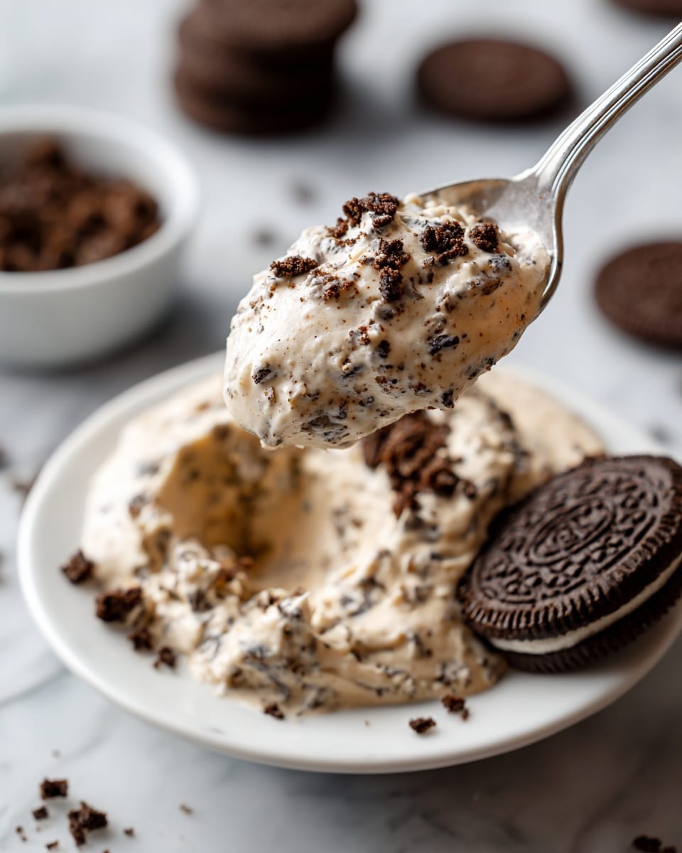 A close-up of a spoon holding a creamy, light gray mixture with small dark cookie crumb bits mixed throughout and sprinkled on top. Underneath the spoon, there is a white surface with more of the same creamy mixture spread out, topped with a single whole dark chocolate sandwich cookie and additional crushed cookie crumbs scattered around. In the blurred background, there are whole dark chocolate sandwich cookies and a small white bowl filled with more crushed cookie crumbs. The overall scene is set on a white marbled texture. photo taken with an iphone --ar 4:5 --v 7