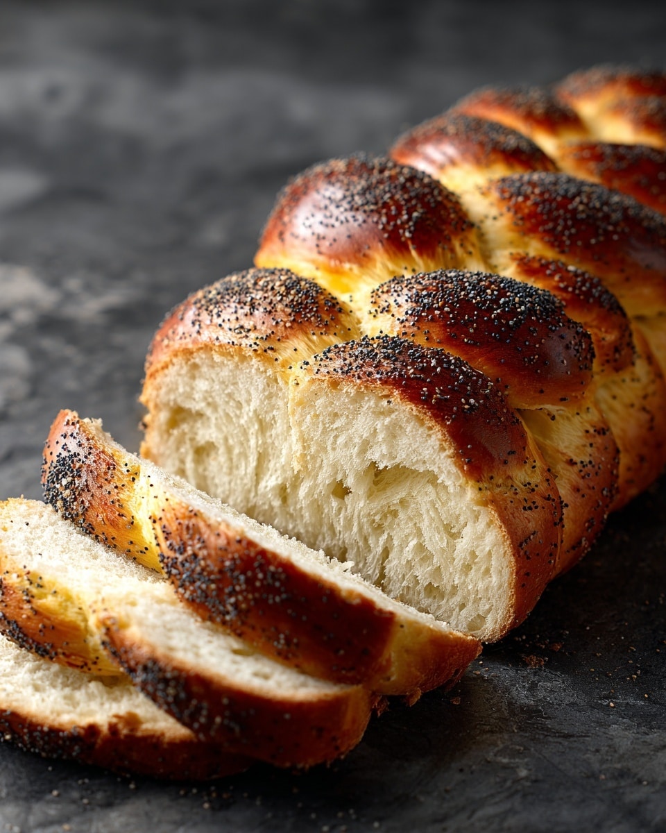 The image shows a loaf of braided bread with a shiny golden brown crust topped with small dark seeds scattered evenly. The loaf is sliced into five pieces, arranged in a vertical line, each slice revealing a soft, light beige, fluffy interior with a fine crumb texture. The bread rests on a dark surface that contrasts with the warm tones of the bread crust. Photo taken with an iphone --ar 4:5 --v 7