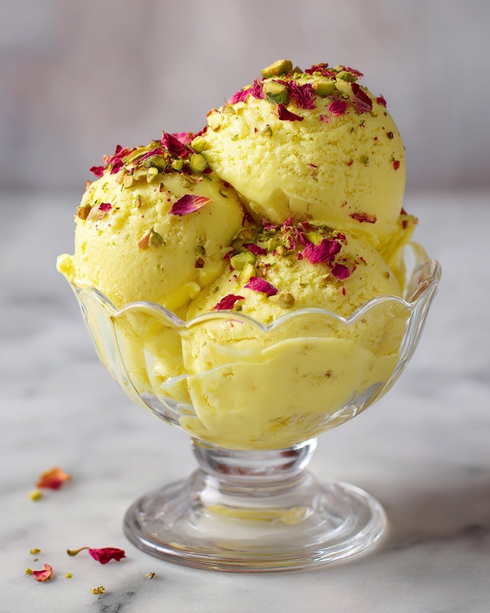 A clear glass bowl with a scalloped edge holds three scoops of bright yellow ice cream, with a creamy texture and small visible granules. The ice cream is topped with green pistachio nuts and scattered bright pink flower petals, adding color and contrast. The bowl stands on a white marbled surface, with a red-handled spoon lying nearby. The ice cream looks smooth and slightly melting around the edges photo taken with an iphone --ar 4:5 --v 7