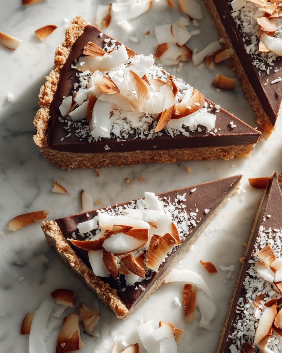 A tart is shown on a crumpled beige paper with a white marbled texture underneath. The tart has three layers: a bottom crumbly brown crust, a middle thick dark chocolate layer, and on top, scattered thin white coconut slices and light brown almond flakes. Several slices of the tart are cut and slightly separated, showing the clean, smooth cut between the dark chocolate and the crust. A metal spatula is placed under one slice, lifting it slightly. Tiny crystals of salt or sugar are sprinkled on the chocolate surface. Photo taken with an iphone --ar 4:5 --v 7
