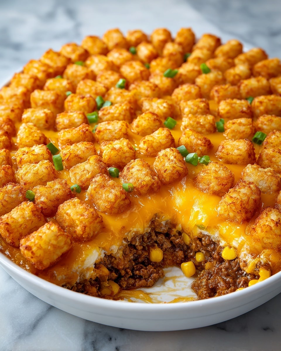 A white rectangular dish filled with a casserole that has three visible layers: the bottom layer is dark brown cooked ground meat mixed with creamy sauce and some yellow corn kernels, the middle layer is melted cheddar cheese with a smooth orange texture, and the top layer consists of crispy golden-brown tater tots placed neatly in rows covering the entire surface, sprinkled with small rings of bright green scallions. One corner shows the casserole scooped out, revealing the layers inside, all on a white marbled surface. photo taken with an iphone --ar 4:5 --v 7