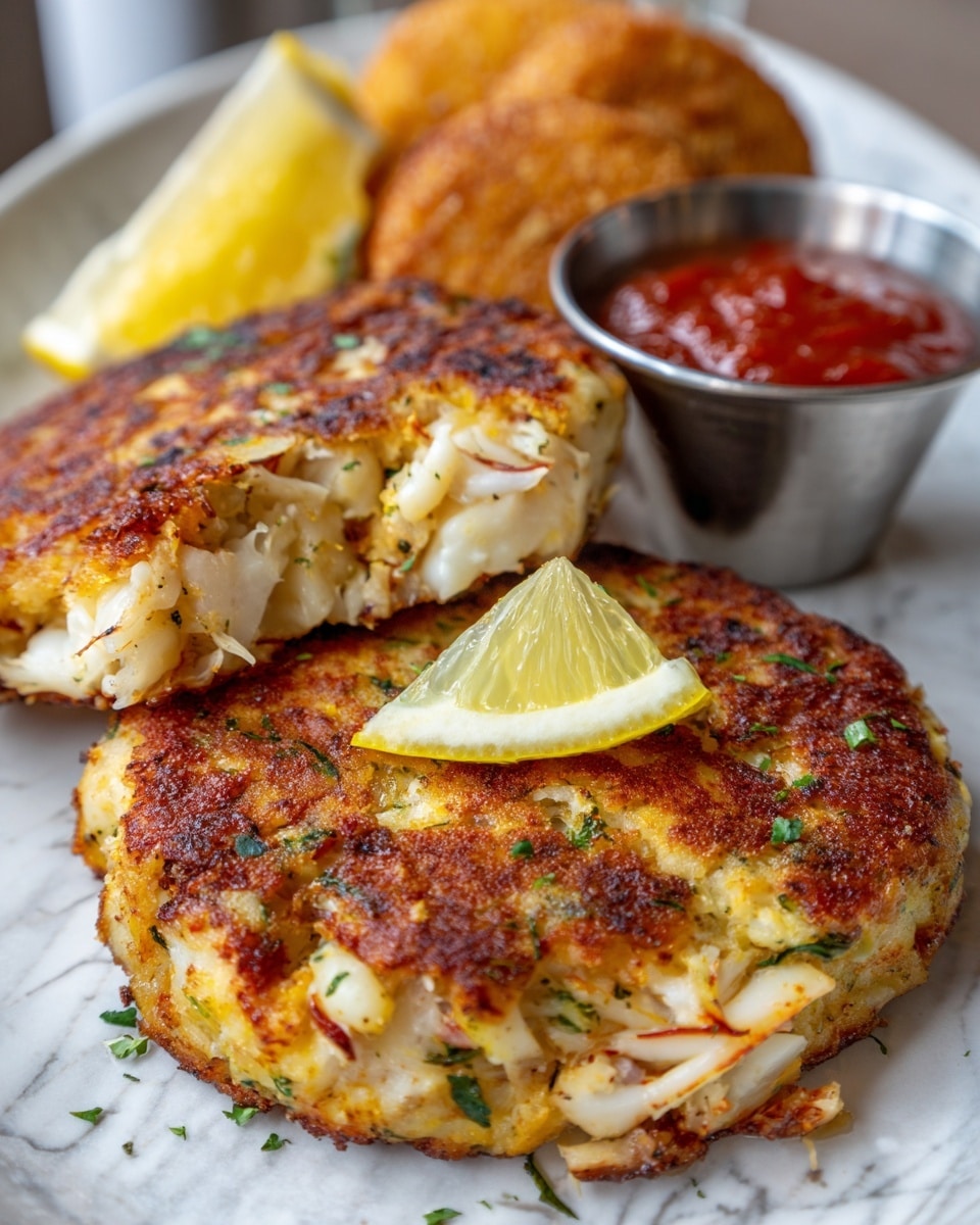 Two golden brown crab cakes sit close together on a white oval plate with a slightly crispy texture and bits of green herbs embedded throughout. One crab cake is topped with a small slice of bright yellow lemon and a sprinkle of chopped parsley. To the right, there is a small metal cup filled with thick red dipping sauce, showing some shiny texture. The background is a white marbled surface that adds brightness and contrast to the plate and food. photo taken with an iphone --ar 4:5 --v 7