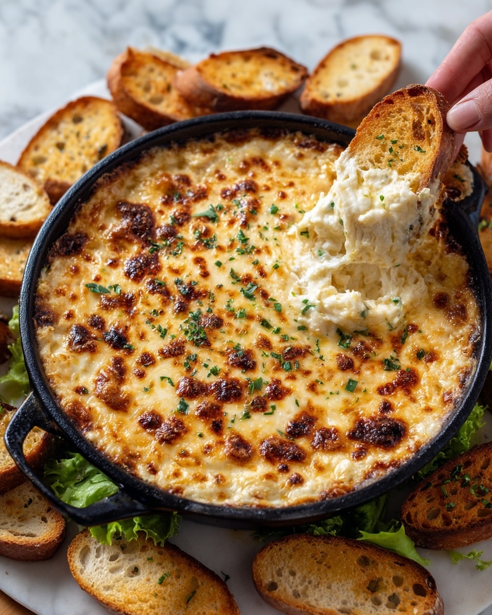 A large black pan holds a creamy, two-layered cheese dip with the top layer browned and bubbly in golden and light brown spots, while underneath is a smooth, pale yellow creamy layer mixed with small chunks. A portion of the dip has been scooped out, revealing the thickness and softness inside. A woman's hand holds a piece of toasted bread with a rough texture, dipped and covered in the creamy cheese on the left side. Surrounding the pan are many slices of toasted bread with crispy, light brown edges and airy holes. The pan and bread rest on a white marbled surface with fresh green lettuce leaves peeking from underneath. Photo taken with an iphone --ar 4:5 --v 7