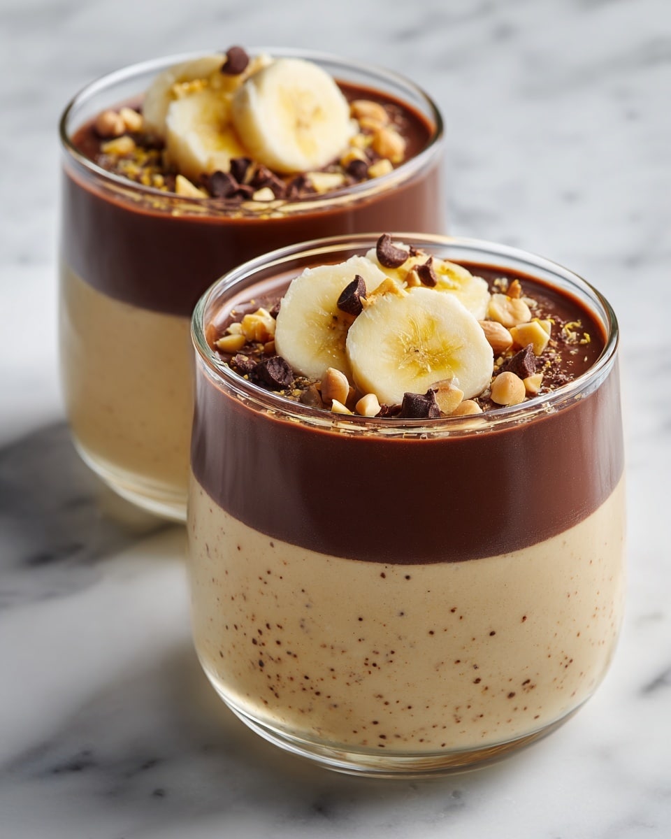 The image shows a clear glass bowl with three layers of food. The bottom layer is smooth and dark brown, like chocolate pudding. On top of that is a layer of banana pieces, pale yellow with soft texture. Scattered on the bananas are light brown peanuts and small dark brown cacao nibs. The bowl is placed on a white marbled surface with more peanuts and cacao nibs around it. Photo taken with an iphone --ar 4:5 --v 7