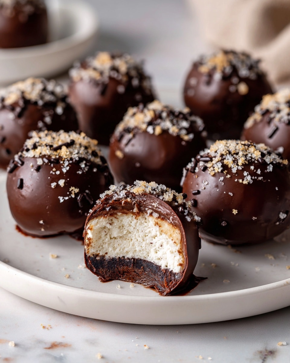 The image shows a white plate with seven round chocolate-covered balls arranged closely. Each ball is coated in smooth milk chocolate with dark chocolate sprinkles and some light brown sugar crystals on top. One ball in the center is bitten, revealing a creamy white filling inside with a soft, textured look and some light brown sugar bits. The chocolate coating is thick and glossy, and the sprinkles add a rough texture to the surface. The plate is set on a white marbled table visible at the edges. photo taken with an iphone --ar 4:5 --v 7