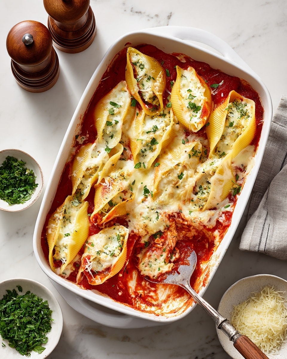 A white square baking dish filled with about three layers of large yellow pasta shells, each stuffed and topped with a mix of melted white cheese and chunky red tomato sauce, sprinkled with green parsley. The shells are neatly arranged close together, with some sauce pooling at the bottom. A silver serving spoon with a wooden handle scoops some shells from the bottom right corner. The dish sits on a white marbled surface, surrounded by small bowls of green parsley and grated cheese, a wooden salt and pepper grinder, and a beige cloth near the bottom left corner. Photo taken with an iphone --ar 4:5 --v 7
