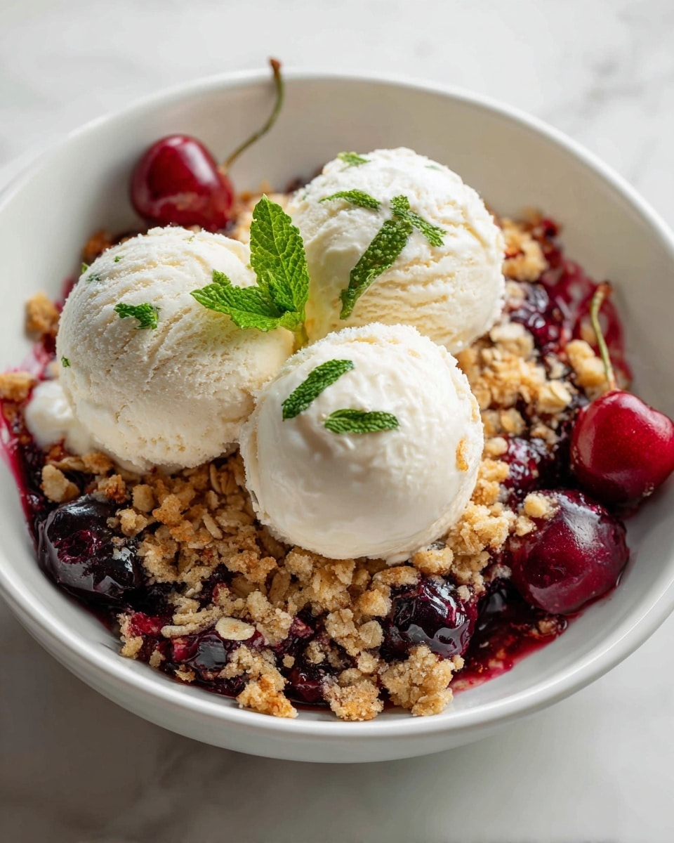 A white bowl holds a cherry crisp dessert with three main layers: the bottom layer is deep red cherry filling with whole cherries visible, the middle layer is a golden-brown crumbly oat topping spread unevenly over the cherries, and on the top right side, three round scoops of light cream-colored vanilla ice cream sit next to a small bright green mint leaf. Some cherry juice stains the side of the bowl, and two fresh cherries with stems lie on the white marbled surface nearby. Photo taken with an iphone --ar 4:5 --v 7