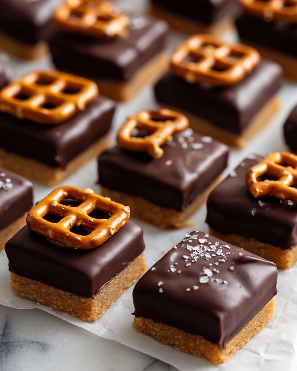 The image shows small treats arranged in rows on a white marbled surface. Each treat has a round, light brown base layer with a soft texture. On top of this base is a small square pretzel piece in a light golden color, adding a crunchy texture. Half of each treat is dipped in dark, shiny chocolate, creating a smooth and glossy finish that covers one side completely. The uneven surface and shine of the chocolate contrast with the matte look of the pretzel and base. The treats are spread out evenly, filling the image with a warm, inviting look. photo taken with an iphone --ar 4:5 --v 7