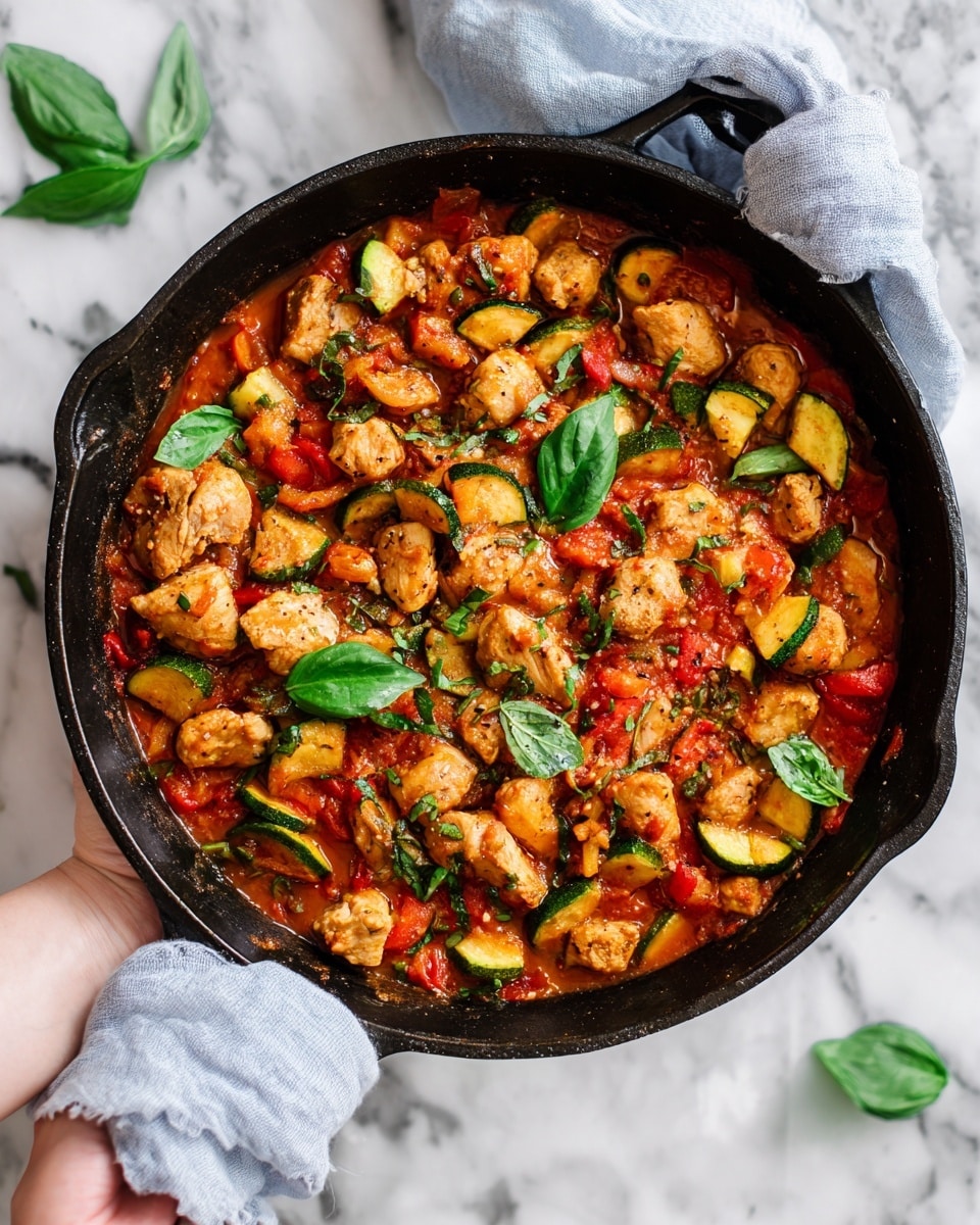 The image shows a black cast iron pan filled with a colorful cooked dish on a white marbled surface. The dish has three main layers visible: chopped cooked chicken pieces in light brown, chunks of green zucchini with soft edges, and bright red tomato pieces in a rich red sauce. On top, fresh green basil leaves are scattered, adding a fresh look to the dish. A white cloth wraps around the handle of the pan, creating a soft texture contrast. The colors are bright and warm, and the ingredients are stirred together but remain distinct. Photo taken with an iphone --ar 4:5 --v 7