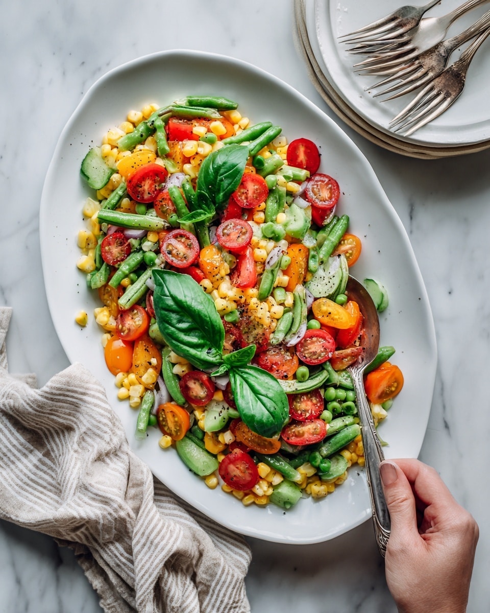 A white oval plate filled with a colorful mix of cooked vegetables including bright yellow corn kernels, green okra slices, light green broad beans, red cherry tomato halves, and some pieces of red bell pepper and onion. The vegetables are tossed together and garnished with fresh green basil leaves scattered on top. A silver spoon rests inside the plate on the right side. The plate sits on a white marbled surface with part of a beige striped cloth and a white plate with silver cutlery visible in the background. photo taken with an iphone --ar 4:5 --v 7