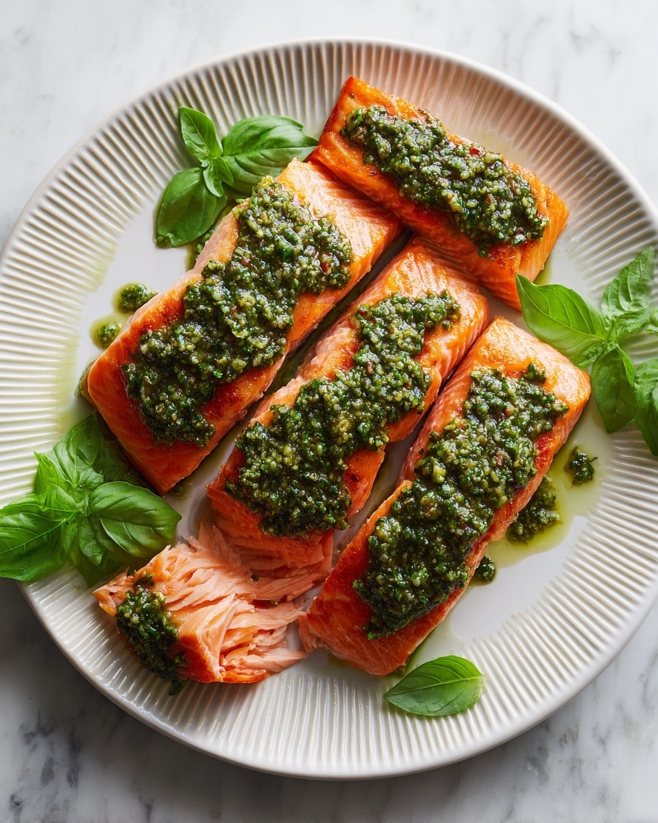 Three thick pieces of cooked salmon lay side by side on a white fluted plate over a white marbled surface. Each salmon piece is topped with a bright green pesto sauce that has a slightly chunky texture and a glossy, oily finish. One piece is partially flaked with a fork, revealing tender, moist, pink-orange fish inside. Fresh green basil leaves are placed on the plate around the salmon, adding a pop of vibrant color. The photo taken with an iphone --ar 4:5 --v 7