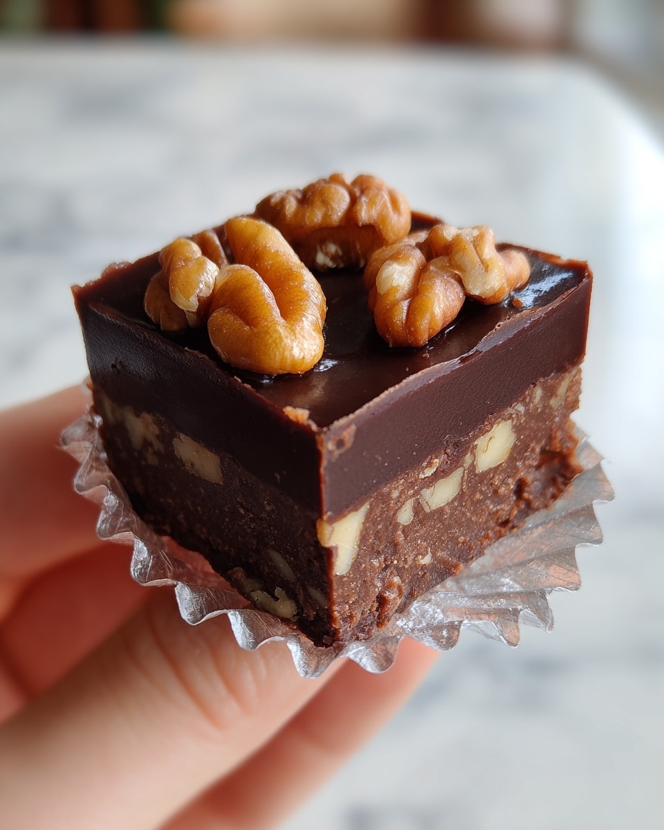 A close-up of a chocolate brownie held by a woman's hand on a white marbled surface in the background. The brownie has three layers: the bottom layer is dark and dense chocolate cake with visible walnut pieces inside, the middle layer is a thick, shiny, dark chocolate sauce, and the top layer is covered with whole pecans arranged neatly in rows on the chocolate sauce, giving a glossy and textured look. The brownie sits on a shiny silver foil base. Photo taken with an iphone --ar 4:5 --v 7