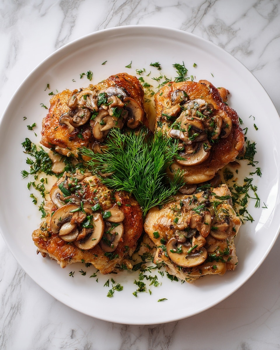 A white plate shows five pieces of cooked chicken thighs arranged in a circle. Each chicken piece is golden brown with a crispy texture and topped with small, light brown mushroom slices and sprinkled with chopped green herbs. In the center of the plate, there is a small bunch of fresh dill with fine green leaves. The plate is set on a white marbled surface with a soft light coming from the left side. Photo taken with an iphone --ar 4:5 --v 7