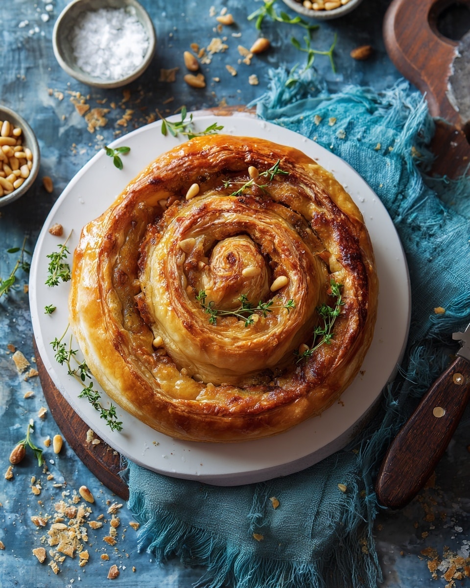 A round spiral-shaped pie with many golden brown crispy layers of thin dough wrapped around a filling that looks soft and light orange. The pie is in a metal pan with a handle, sitting on a blue cloth with lace edges on a white marbled surface. Some small green herbs and pine nuts decorate the top of the pie. A piece is broken off to show the filling inside photo taken with an iphone --ar 4:5 --v 7