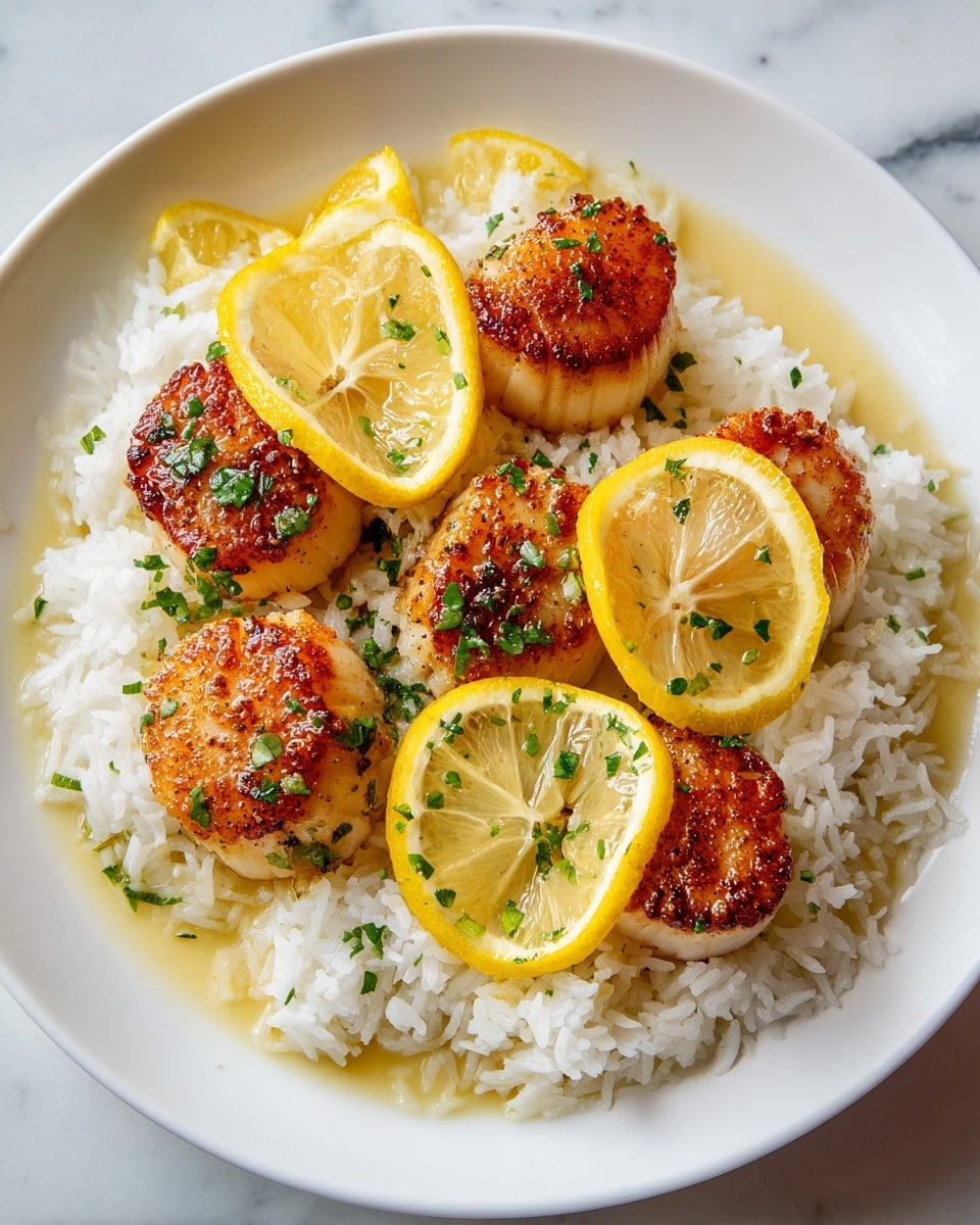 A round bowl in the center filled with small white scallops lightly seasoned with pepper sits on a white marbled surface. Around it are several fresh lemons, some whole and some sliced thin, showing a bright yellow color. To the left is a bunch of green parsley with leafy texture. There are small bowls of seasoning: one with gray pepper and salt mix, another with coarse white salt, one with red chili flakes, and a gray bowl holding mixed herbs and a small piece of yellow butter. A wooden spoon holds a small pile of thin yellow slices, possibly ginger. Multiple garlic bulbs and cloves are scattered near the edges, adding a white and off-white rough texture. A clear glass cup contains golden oil. A beige cloth with frayed edges is on the side, all on the smooth, white marbled background. photo taken with an iphone --ar 4:5 --v 7