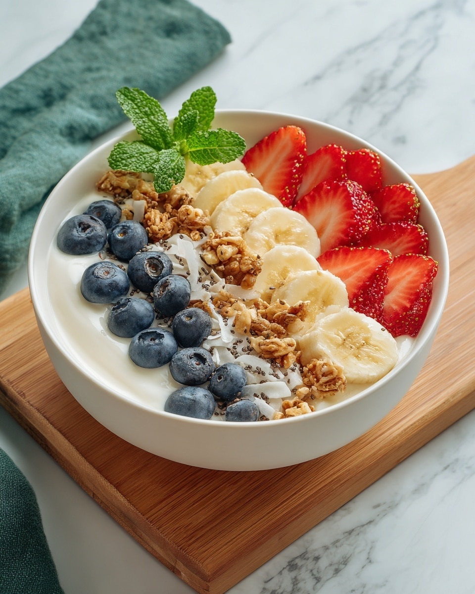 A white bowl filled with creamy white liquid as the base layer, topped with three distinct rows of fruit and toppings: on the left, blue blueberries floating; in the center, sliced red strawberries with green leaves; and on the right, sliced bananas with pieces of brown granola and white coconut flakes, garnished with a small green mint leaf. The bowl sits on a wooden board with a green cloth in the background on a white marbled surface. Photo taken with an iphone --ar 4:5 --v 7