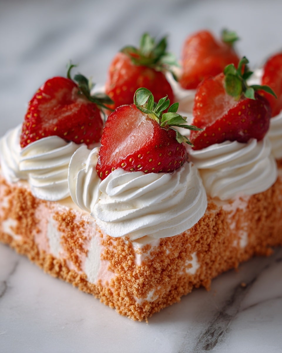 A close-up view of several small piles of white whipped cream arranged evenly on a crumbly textured base with mixed shades of red and beige, resembling crushed cookies or cake crumbs. Each whipped cream mound is topped with a fresh, bright red strawberry half with its green leafy top still attached, placed neatly in the center. The whole setting is on a white marbled surface that highlights the colors and textures well. photo taken with an iphone --ar 4:5 --v 7