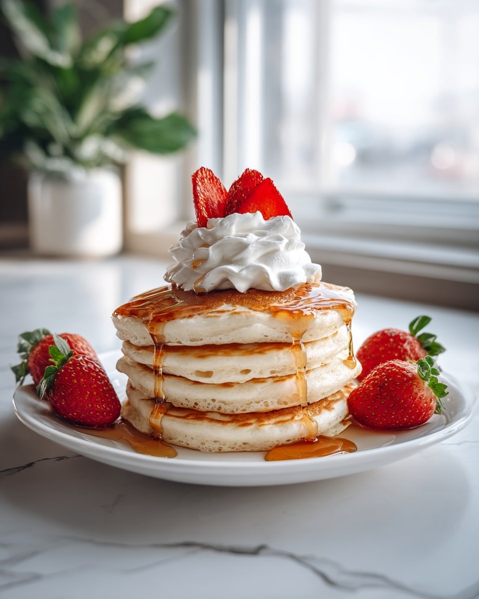 A stack of six thick, golden-brown pancakes sits in the center of a white plate on a white marbled surface. The pancakes are fluffy with a soft texture inside and a slight crisp on the edges. A dollop of white whipped cream rests on top, crowned with halved bright red strawberries. Golden syrup is shown dripping down from the whipped cream, covering the pancakes and pooling around the base. Two whole strawberries, rich red with green tops, lay beside the stack on the plate. The image is focused closely with soft lighting that highlights the pancakes' warm color and the strawberries' shine. Photo taken with an iphone --ar 4:5 --v 7