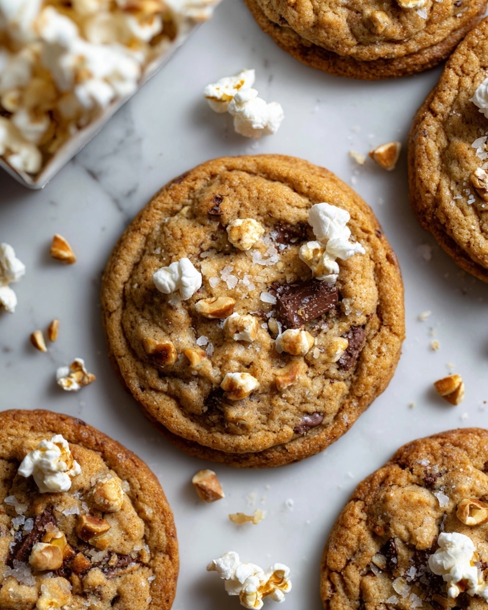 A group of golden-brown cookies with a slightly crispy edge and soft center lie scattered on a white marbled surface. Each cookie is dotted with dark chocolate chunks and small pieces of popcorn, creating a mix of smooth and fluffy textures. Lightly sprinkled coarse salt crystals add a subtle shine and contrast across the cookies. Near the cookies, there is a white ceramic egg holder holding three eggs, adding a hint of simple kitchen elements to the scene. Photo taken with an iphone --ar 4:5 --v 7