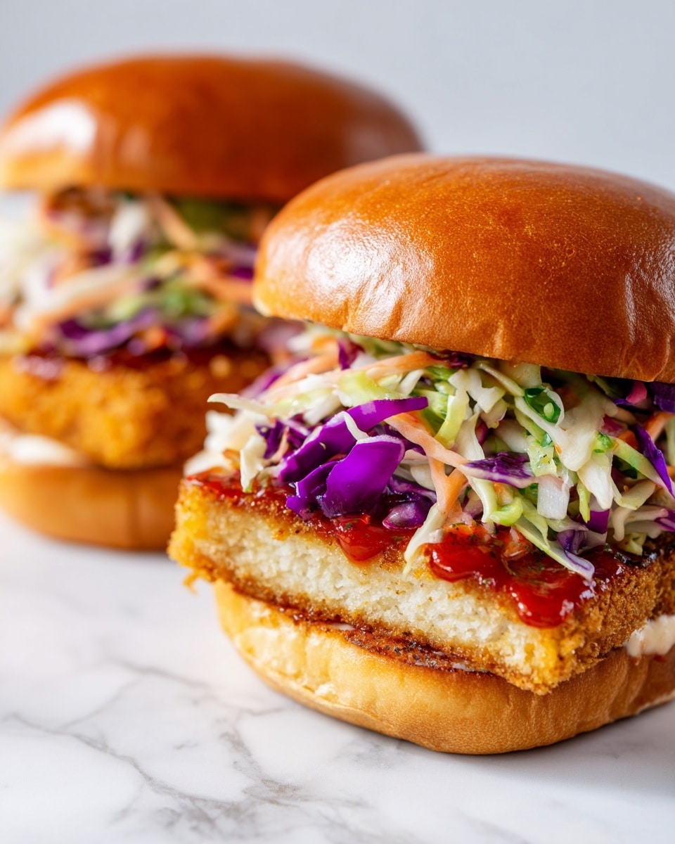 A close-up of a sandwich with two halves shown side by side on a white marbled surface. The sandwich has a shiny, golden brown top bun. Inside, there is a thick layer of crispy breaded filling with a light golden crust, topped with a mix of shredded white and purple cabbage slaw. A layer of red sauce is spread on the soft white bottom bun, visible under the filling. The background is a clean white marbled texture. photo taken with an iphone --ar 4:5 --v 7