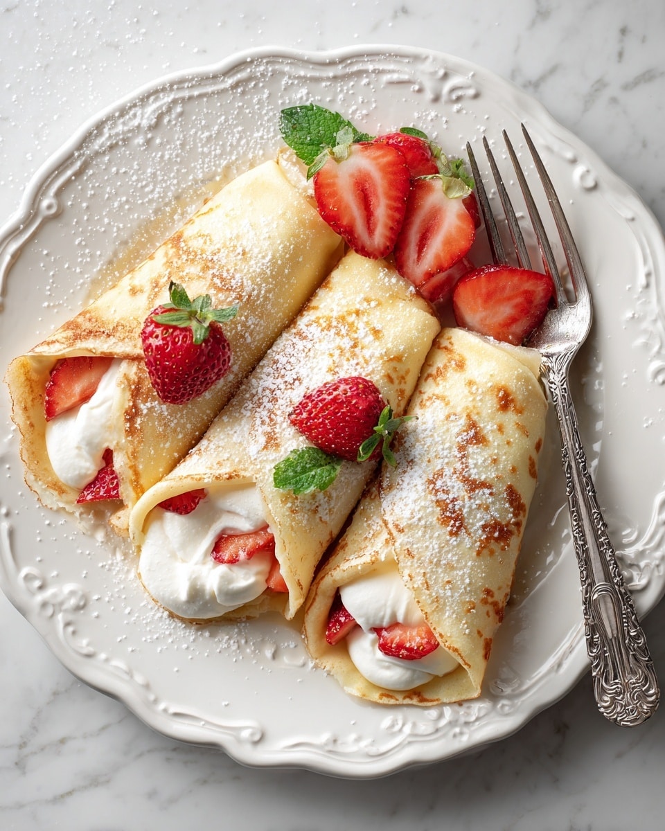 Three folded thin golden crepes filled with white cream are placed on a white plate with ornate designs on the edges. The crepes are sprinkled with powdered sugar, giving a light white dusting. Around the crepes are three fresh strawberries, two sliced in half showing their red inside and seeds, and one whole with green leaves. A vintage silver fork is partly under a crepe on the right side. In the upper right corner, a white bowl with extra white cream is partially visible. The background surface is white marbled texture. photo taken with an iphone --ar 4:5 --v 7