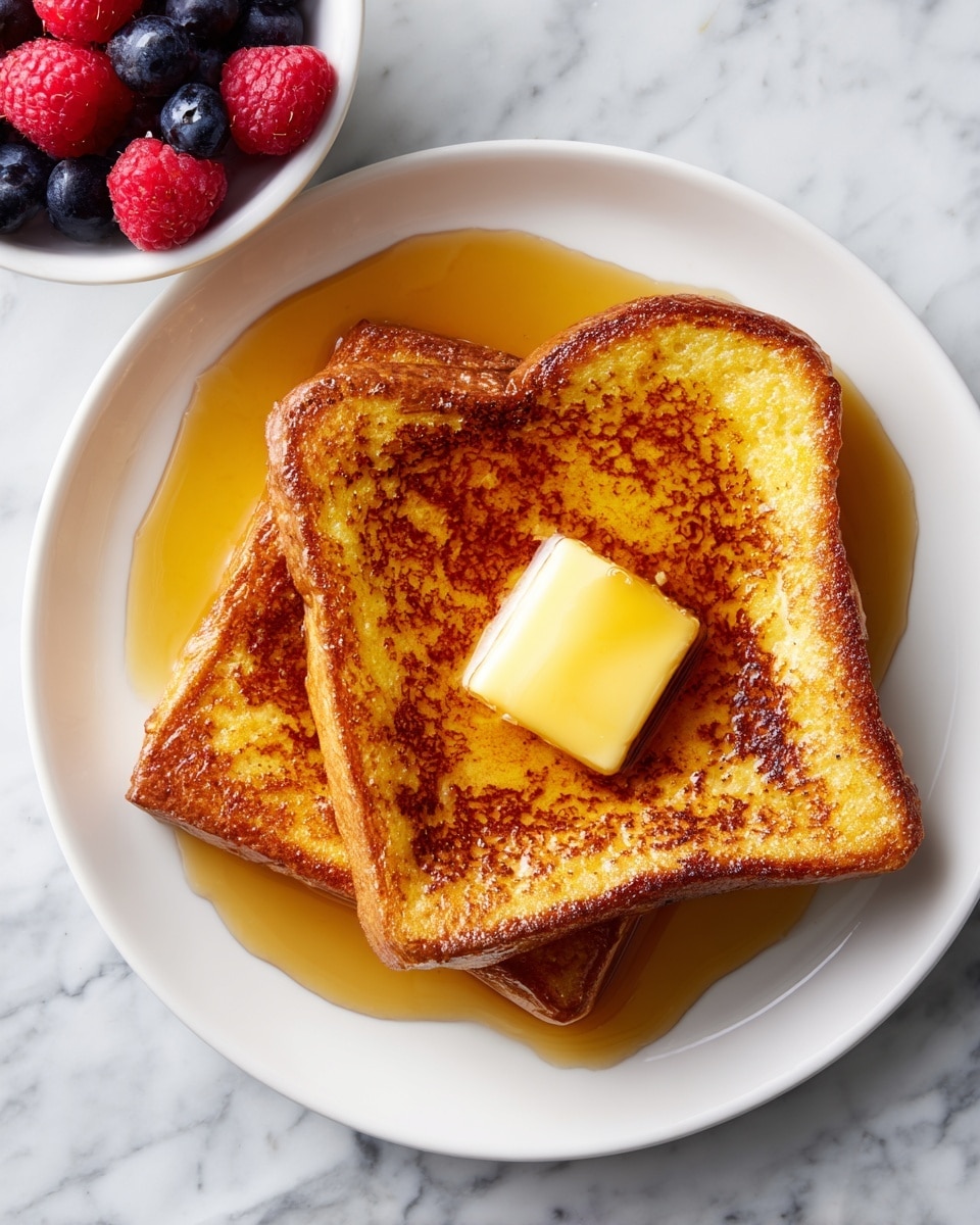Two pieces of golden brown French toast with a slightly crispy texture on the edges are stacked slightly overlapping on a white plate. On top of the upper slice sits a square of soft, light yellow butter beginning to melt. Golden syrup is drizzled around the toast on the plate, creating small pools. To the left, there is a small white bowl filled with fresh raspberries and blueberries, adding pops of red and dark blue colors. The whole setting is placed on a white marbled surface. photo taken with an iphone --ar 4:5 --v 7