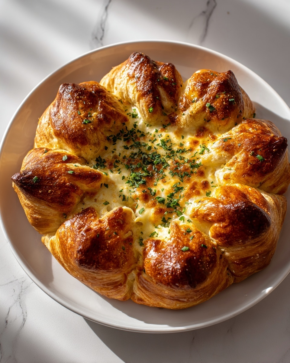 A round, golden brown puff pastry tart sits on a white plate, placed on a white marbled surface. The tart is divided into distinct sections by deep cuts around the edges, showing a soft, creamy cheese layer inside. Its top is shiny and crispy, with some melted cheese and scattered fresh green herbs like thyme and oregano spread across the surface and gathered in the center, adding a fresh touch to the rich golden crust. Photo taken with an iphone --ar 4:5 --v 7