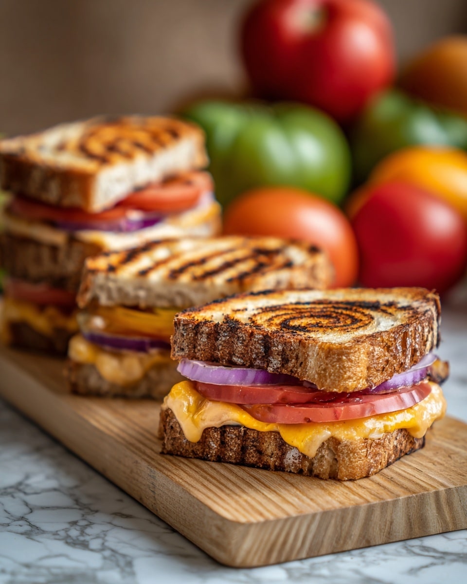 The image shows several toasted sandwich pockets with a spiral pattern on their golden brown crust, placed on a rough wooden board. The front sandwich is cut open, revealing layers of melted white cheese, bright red tomato slices, and thin purple onion rings inside the warm, crusty bread. Behind it, two more sandwich pockets are stacked, one cut in half showing similar fillings. The background is blurred with some fresh tomatoes in red, green, and brown shades sitting on a round wooden board, and dark wooden chairs with a cloth draped over one. The whole scene sits on a white marbled surface. Photo taken with an iphone --ar 4:5 --v 7