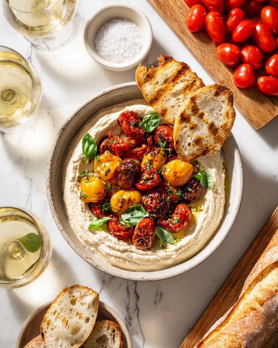 A white plate with brown rings holds a creamy white base layer of hummus, topped with a layer of bright red and yellow roasted cherry tomatoes and a few fresh green basil leaves scattered on top. Two toasted golden brown slices of bread rest on the edge of the plate. Around the plate on a white marbled surface, there is a wooden board with a long baguette and more toasted bread slices, two glasses filled with a light yellow drink, a white bowl filled with red cherry tomatoes, and a small black bowl with coarse salt. Photo taken with an iphone --ar 4:5 --v 7