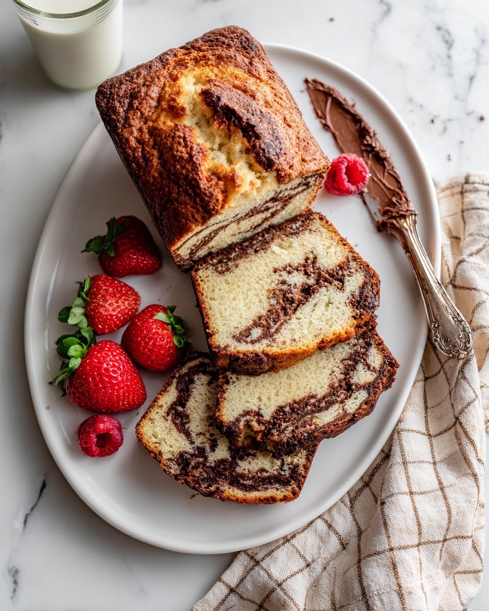 A white oval plate holds a golden-brown loaf with a cracked top, showing a swirl of dark chocolate inside. Two thick slices of the loaf lay side by side near the top of the plate, exposing the light brown crumb with rich dark chocolate swirls inside them. Next to the loaf on the left side are two bright red strawberries and two red raspberries placed in a small row. A butter knife with chocolate spread rests on the right edge of the plate. The plate is set on a white marbled surface with a beige and white checked cloth partially visible on the right. Two glasses of milk sit in the top left corner of the image. photo taken with an iphone --ar 4:5 --v 7