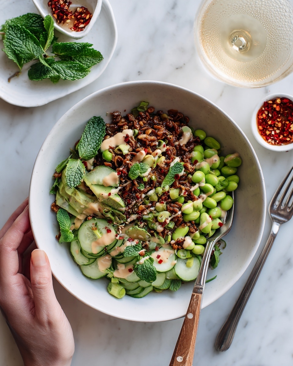 The image shows fresh ingredients arranged on a white marbled surface, with a wooden cutting board in the center holding a cluster of small green cucumbers, a piece of fresh ginger root, and a sharp knife with a white handle. To the right of the board are three green onions with long white bulbs and green stalks. In the lower left corner is a white baking dish with a blue floral rim, filled with a golden-brown crispy topping and a silver spoon with a wooden handle resting on it. Above the board are small glass bowls with different liquids: one clear, one dark red, and one amber-colored, alongside a small dish of peanuts. To the left, a glass measuring cup holds light green edamame beans, and two ripe avocados, one whole and one cut in half, reveal smooth green skin and a large brown seed. Fresh mint leaves are placed near the ginger. Photo taken with an iphone --ar 4:5 --v 7