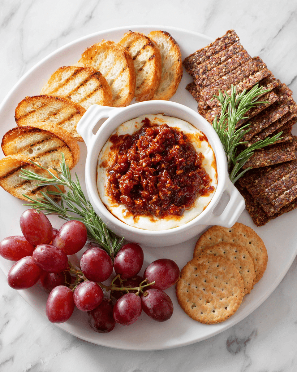 The image shows a close-up view of sun-dried tomato quarters in a small white bowl filled with red, wrinkled tomato pieces soaked in golden olive oil. Around the bowl, there are three whole garlic bulbs with pale purple stripes, a small white plate filled with fresh green thyme, and a round white cheese with a textured top in a terracotta dish. There is also a half baguette piece on a cutting board, a packaged bag of sun-dried tomatoes with a red and green label, and a knife with a wooden handle resting on the wooden table, all set on a white marbled texture background. photo taken with an iphone --ar 4:5 --v 7