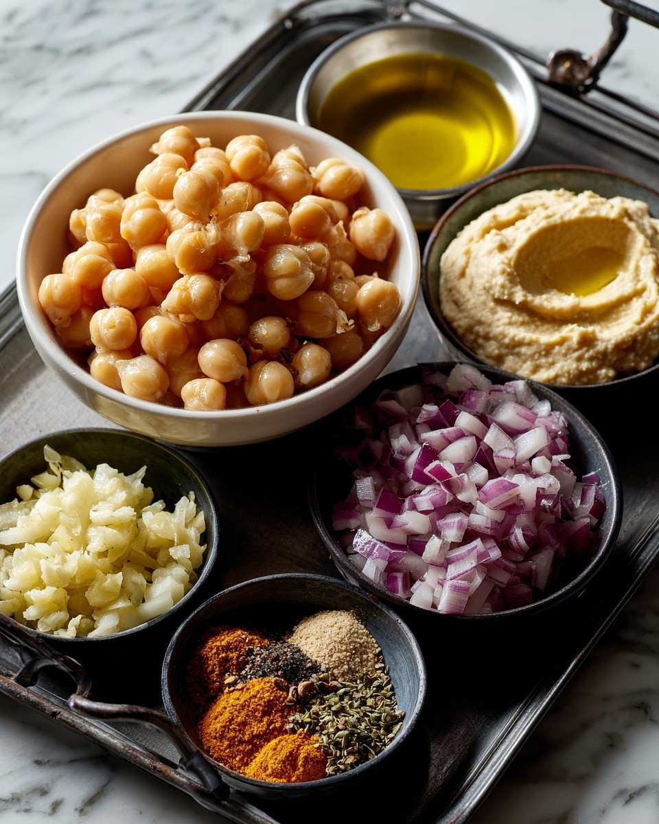 A dark metal tray holds six small white bowls, each containing a different ingredient arranged neatly. The largest bowl at the top left is filled with light beige chickpeas, smooth and round. To its right, a smaller bowl holds bright yellow olive oil with a shiny surface. Below the chickpeas, a bowl contains creamy hummus with a soft, slightly rough texture. At the center right, a bowl is filled with small pieces of diced red onion, showing a mix of purples and whites. At the bottom left corner, finely minced garlic with a pale yellow color sits in a bowl. Lastly, at the bottom right, a bowl contains a mix of spices with visible salt crystals, orange turmeric powder, and black pepper. The tray rests on a white marbled surface. photo taken with an iphone --ar 4:5 --v 7