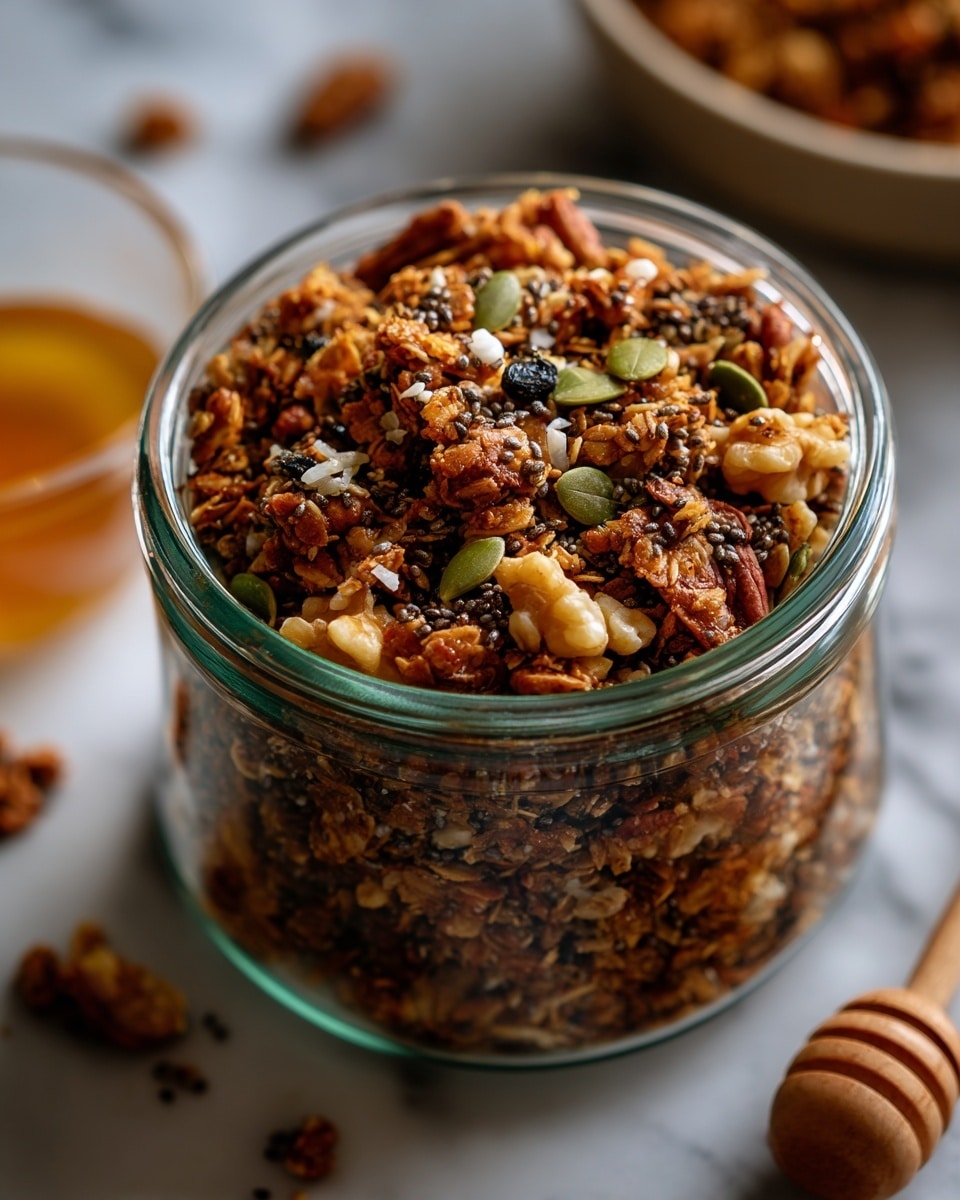 The image shows a glass jar filled with a mix of granola that has a rich brown color with visible pieces of toasted coconut flakes in light tan, dark green pumpkin seeds, small walnut chunks, and black chia seeds mixed throughout. The granola has a rough, crunchy texture with a variety of shapes and sizes, sitting inside the clear jar placed on a white marbled surface. Around the jar, there are a few granola crumbs and a blurred honey dipper with a bit of honey in the bottom right corner. Photo taken with an iphone --ar 4:5 --v 7