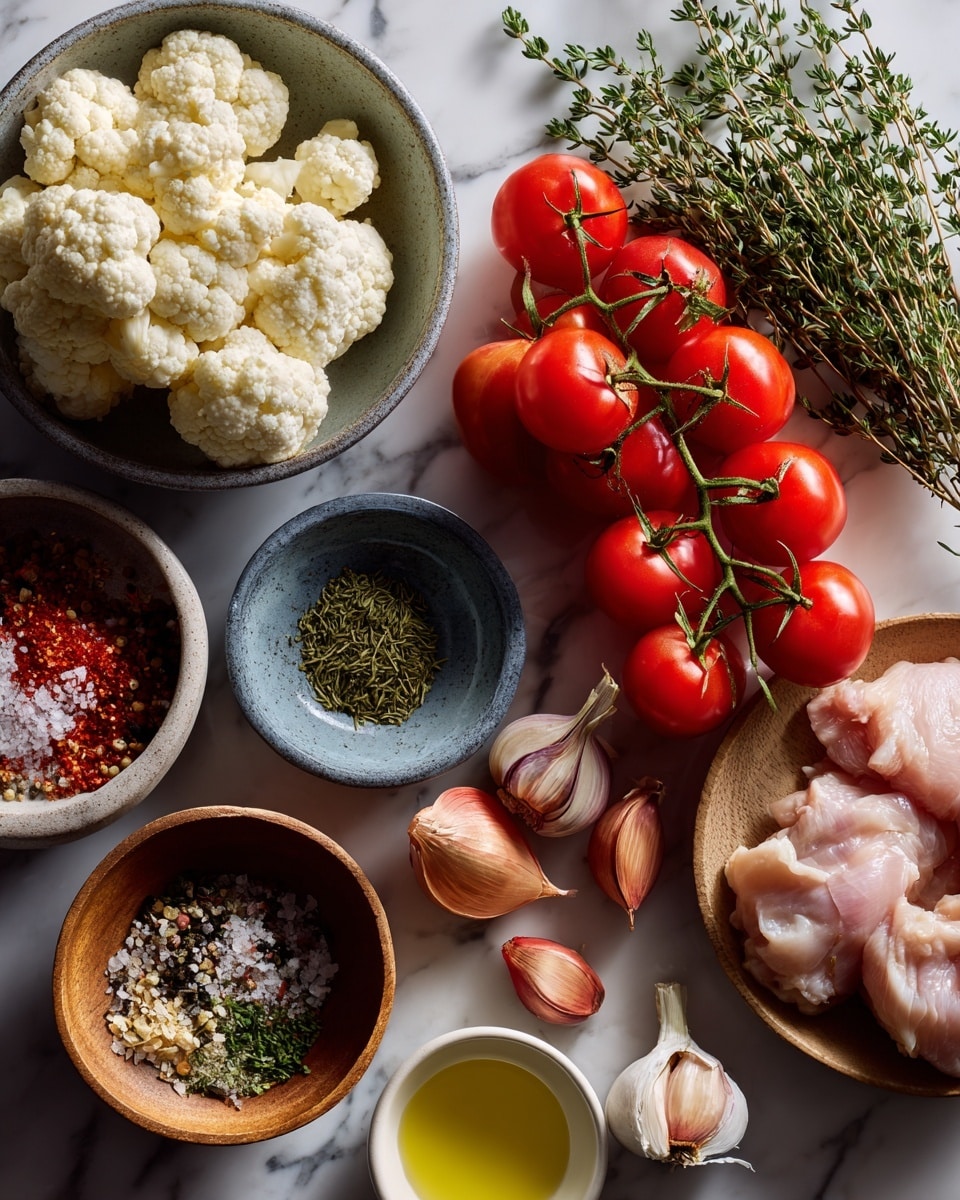 The image shows an arrangement on a white marbled surface including three vine clusters of red tomatoes each different in size, a head of garlic near the bottom center and another to the right, three whole shallots clustered near two peeled garlic cloves, a few sprigs of fresh green thyme at the top, a small bowl filled with creamy white cauliflower florets at bottom left, a gray bowl with a mix of coarse salt and colorful spices, a small wooden bowl with green dried herbs in the center, a small bowl of light yellow oil at center, and raw chicken pieces to the right of the shallots and garlic. Photo taken with an iphone --ar 4:5 --v 7