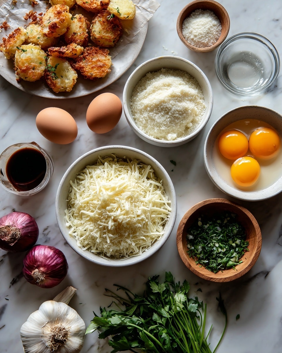 The image shows a top-down view of various cooking ingredients arranged on a white marbled surface. At the center, there is a white bowl filled with grated cheese, next to it is a smaller white bowl also holding grated cheese but in a smaller quantity. Surrounding these are two whole brown eggs and one raw egg yolk in a small white bowl. A clear glass bowl to the right holds three raw egg yolks. Another white bowl contains a powdery ingredient, possibly flour or cheese. A wooden bowl holds a dark sauce, while a small white bowl has chopped green herbs. There are some roasted potato wedges arranged on a white dish, and a whole bulb of garlic sits near them alongside a small bunch of fresh green herbs. Two small red onions rest nearby, and a woman's hand is not present in this image. Photo taken with an iphone --ar 4:5 --v 7