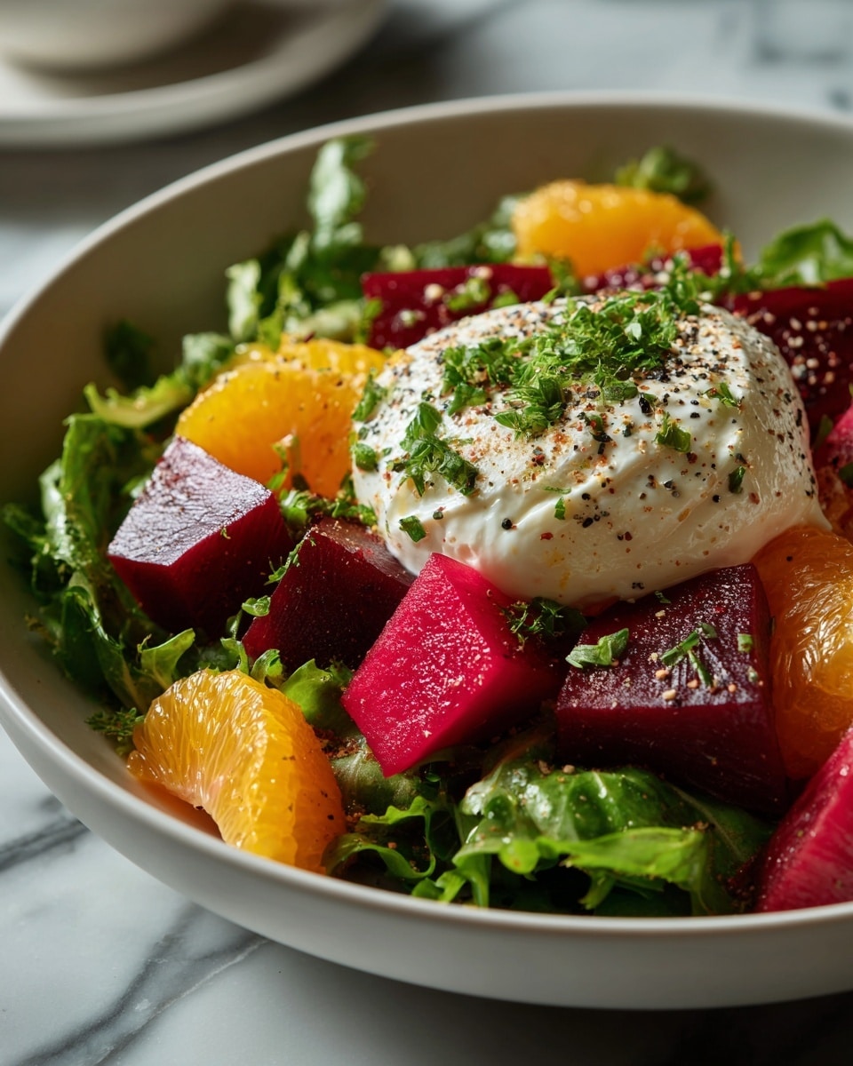 A white bowl holds a layered dish with three main parts: a colorful salad on the left made of bright orange and deep red chunks mixed with green leafy bits, a round white dollop of soft cheese topped with chopped green herbs and a drizzle of oil in the middle, and two golden toasted slices of bread resting on the right side. A silver spoon lightly touches the cheese, adding shine and texture, while a silver fork rests above the salad. The bowl is set on a white marbled surface. photo taken with an iphone --ar 4:5 --v 7