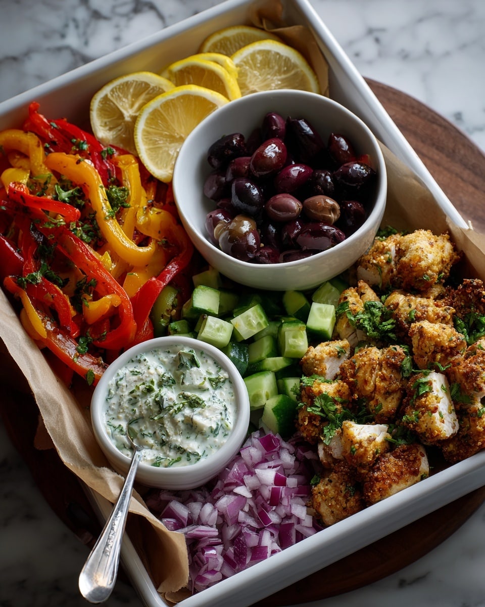 The image shows a white plate with several layers of food. On the left side, there is a layer of cooked orange and red bell pepper strips. On top near the center, a small white bowl holds a handful of dark purple olives. To the right of the peppers and olives, there is a white bowl filled with small green cucumber cubes. At the bottom left, a white bowl contains a creamy white sauce with green herbs, and a spoon is resting in the bowl. Below that, another small white bowl holds finely chopped red onions. To the right side of the plate, there is a large layer of golden-brown cooked chicken pieces. Lemon slices are arranged around the plate edge, resting on a white marbled surface. photo taken with an iphone --ar 4:5 --v 7