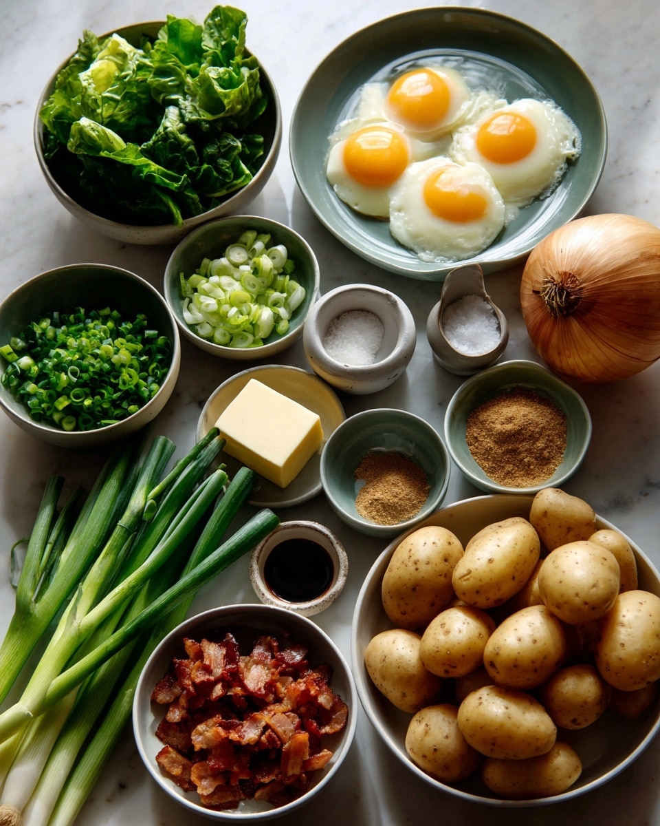 A top view of raw ingredients arranged neatly on a white marbled surface, featuring a pile of light brown potatoes at the center bottom, surrounded by a large onion to the right and multiple small bowls in a circular formation. The bowls hold various items: on the top left is fresh green leafy lettuce and green onion stalks, next to it chopped green onions, then three sunny side up eggs with bright yellow yolks, a small bowl of salt, a bowl with pale yellow butter, a bowl containing a dark brown liquid, a bowl of light brown powder spice, and another bowl with a thicker brown liquid. Below the chopped green onions, there is a bowl of crispy cooked bacon pieces, and to the left of the bacon are chopped white onions. The colors range from earthy browns and yellows to fresh greens and whites, all perfectly placed in round white bowls. Photo taken with an iphone --ar 4:5 --v 7
