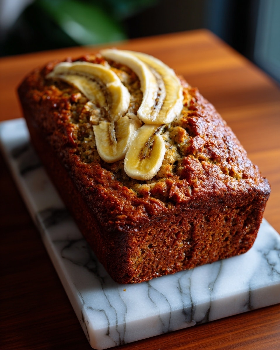 A single rectangular loaf of banana bread with a rich, dark brown crust sits on a white marbled board. The top of the loaf features two halves of a ripe banana, placed side by side lengthwise, showing a light yellow color with some browning and a textured, slightly glossy surface. The bread itself has a rough, slightly cracked texture, with a dense and moist look. The white marbled board rests on a white marbled surface, with soft natural light casting gentle shadows on the scene. Photo taken with an iphone --ar 4:5 --v 7