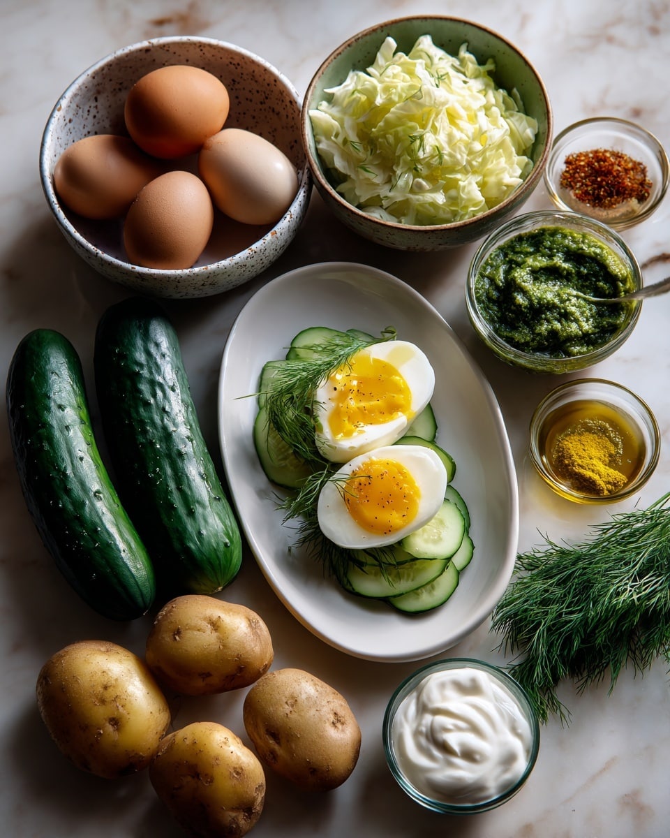 The image shows several ingredients arranged on a white marbled surface: three dark green cucumbers on the left side and two brown potatoes below them; a white oval plate in the center with two halves of boiled eggs showing bright yellow yolks; above that plate is a small round bowl filled with light green cucumber slices in liquid; a speckled bowl on the top left contains three brown eggs, while another speckled bowl above the eggs holds chopped pale green cabbage; on the right near the top are fresh green dill sprigs; a small white bowl of thick white cream is next to them; three small glass bowls near the center hold a golden green liquid, a yellow-green paste, and a red spice powder; all ingredients are neatly placed for a clear view photo taken with an iphone --ar 4:5 --v 7